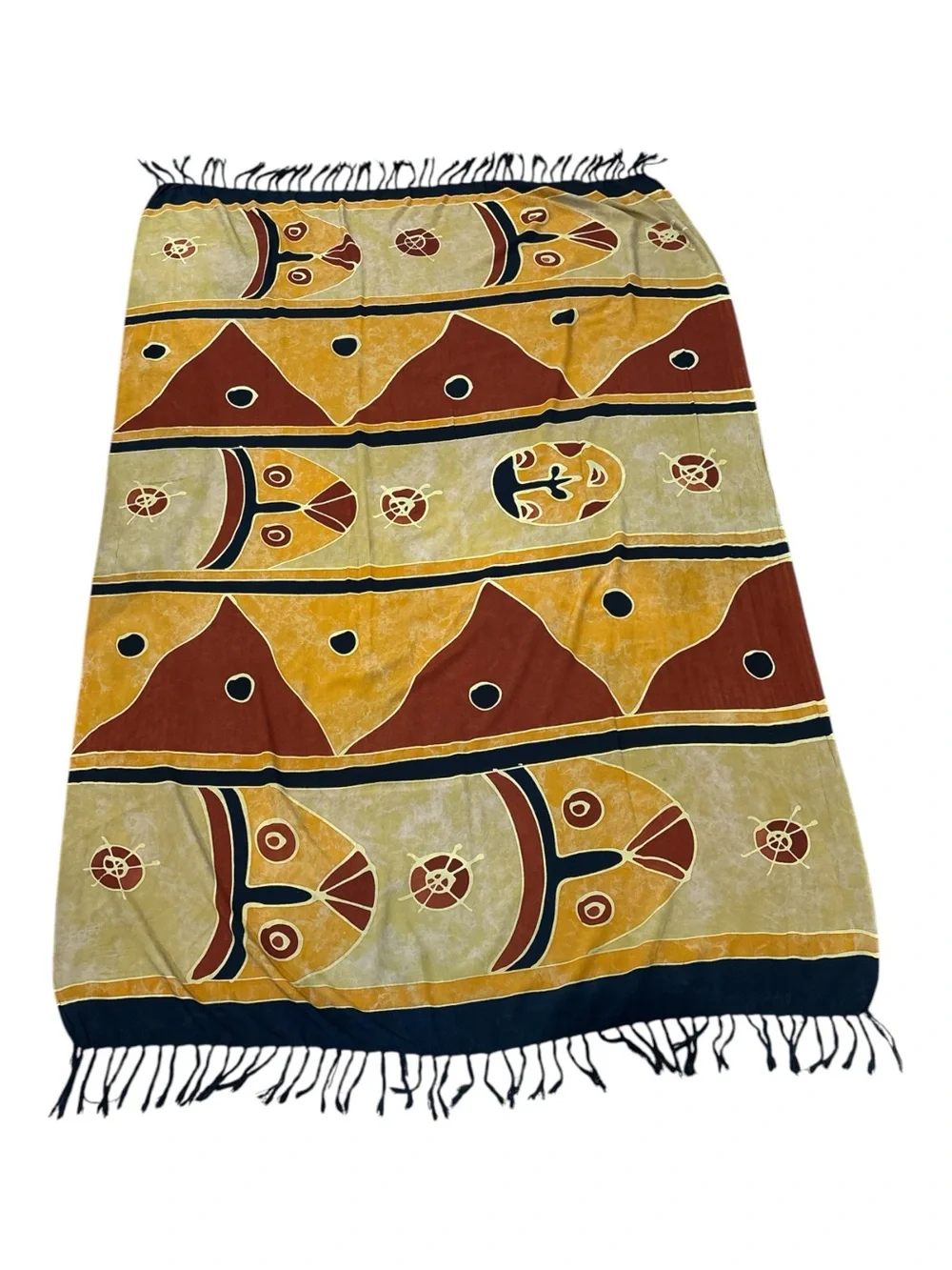 VTG AFRICAN BATIK MASK MOTIF COTTON SHAWL WALL HANGING HAND DYED CLOTH 44X60